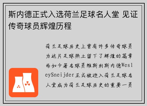斯内德正式入选荷兰足球名人堂 见证传奇球员辉煌历程 斯内德正式入选荷兰足球名人堂 见证传奇球员辉煌历程