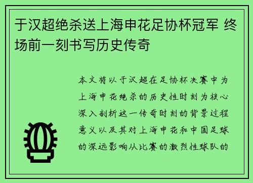 于汉超绝杀送上海申花足协杯冠军 终场前一刻书写历史传奇