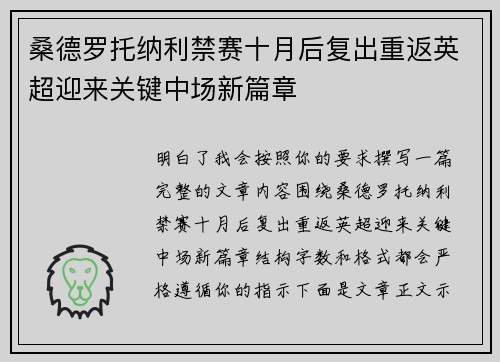 桑德罗托纳利禁赛十月后复出重返英超迎来关键中场新篇章
